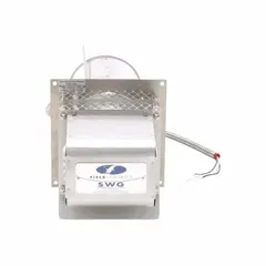 Pipe-mount exhaust draft inducer for oil furnaces, designed for 3 in to 4 in pipe. Operates on 115V AC, 60 Hz, single phase, drawing 1.7 A. Includes a steel wheel and two-piece backing plate. UL listed.
