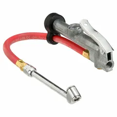 Steel-bodied single-tire inflator gauge with a sight glass for visual airflow confirmation. Fits standard 1/4 in connections. Used for inflating and checking pressure on single tires in automotive, truck, and industrial equipment applications.