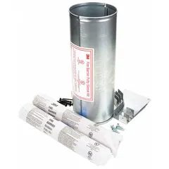 Round firestop passthrough for cables, rated for 4-hour fire protection. Measures 12 inches overall length by 4 inches overall width. Includes two mounting plates. Used to seal cable penetrations through fire-rated walls and floors.