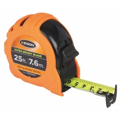 KESON PG18M25UB is a 25 ft / 7.5 m tape measure with a nonmagnetic double hook tip. The black plastic body features a rubberized grip for secure handling. The double-sided blade is marked in 1/16 in and centimeters, with a manual lock. Suitable for measuring tasks requiring both SAE and metric readings.