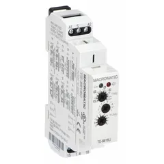 DIN-rail mounted multi-function time delay relay with input voltage range of 12 to 240V AC/DC and 15A rating. Supports multiple delay functions such as on-delay, off-delay, and interval timing. Suitable for controlling timing sequences in industrial automation and process control systems.