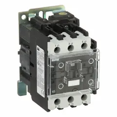 This non-reversing IEC contactor features 3 poles and 3 normally open (NO) contacts, rated for 65 A with a 120V AC coil. It does not include integrated surge suppression. Typical applications include switching motor loads and other inductive loads in industrial control panels.