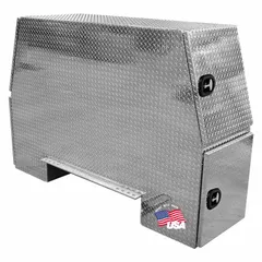 This four-door backpack truck box features an offset base and is constructed of silver aluminum. It measures 58 inches in overall depth and 24 inches in overall height. Designed for secure, organized storage of tools and equipment in service trucks, work vans, and fleet vehicles.