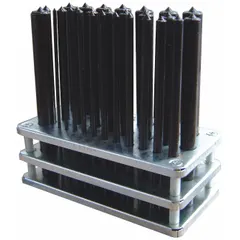 Set of steel sharp-face hand stamps with round-dot-face design, including characters A through Z. Each stamp has a 4-7/8 in character height and a 4-13/16 in shank length. Used for permanently marking metal, plastic, or wood parts with letters for identification, part numbering, and asset tracking.