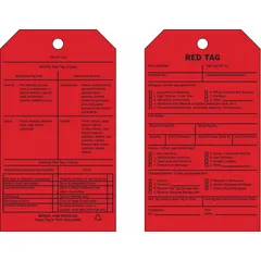 Paper red tag with black/red English text, measuring 4 inches wide by 7 inches high, 0.01 inch thick. Includes 100 tags and cotton ties. Used in 5S visual workplace organization to identify and mark unneeded items for removal.