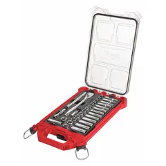 This 32-piece set includes 6-point metric sockets from 6 mm to 19 mm and drive tools with a 3/8 in drive. A friction ring retains sockets during use. Suitable for fastening and loosening nuts and bolts in automotive repair, machinery maintenance, and industrial assembly.