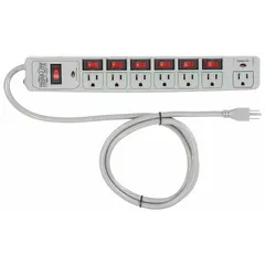 General purpose surge protector outlet strip with 7 outlets, 6 ft cord, 1080 J rated energy absorption, and 15 A current capacity. Features keyhole mounting for secure wall or bench installation. UL 1363 listed. Suitable for protecting sensitive electronics in offices, workstations, and light industrial settings.