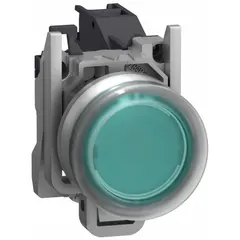 Momentary, non-illuminated push button operator from the XB4 series with a metallic flush profile. Features 1 normally open (1NO) contact, rated AC 1.2 A @ 600 V and DC 0.27 A @ 250 V. Suitable for start, stop, or reset functions in industrial control panels and machinery.