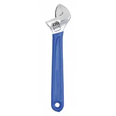 General-purpose adjustable wrench with chrome finish. Overall length 6 inches, jaw capacity 15/16 inches. Suitable for tightening or loosening nuts, bolts, and fittings in plumbing, mechanical, and maintenance tasks.