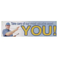 Indoor/outdoor banner made of poly sheeting, printed on one side. Nominal sign size is 28 in x 96 in. Suitable for displaying safety messages in industrial facilities, warehouses, and construction sites.