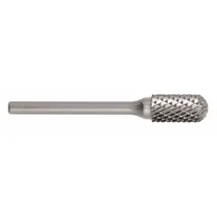 Double-cut ball-nosed cylinder bur for material removal, deburring, and shaping in metalworking. Head measures 12 45/64 mm x 25 13/32 mm. Suitable for contouring and finishing on steel, stainless steel, and cast iron.