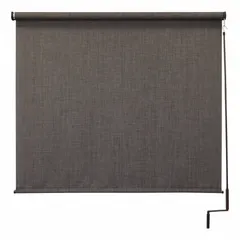 This pole-and-crank-operated awning from the Regal Series provides 92% UV protection for outdoor areas. The white fabric has an 8 ft height and is secured with a bungee-and-hook tie-down system. Operation is on the right side. Suitable for patios, decks, and commercial storefronts where adjustable shade is needed.