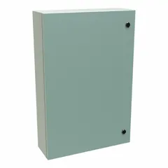This steel enclosure measures 30 x 20 x 6 inches and is rated NEMA 12/3R/4, providing protection against dust, rain, and hose-directed water. It features a solid hinged cover secured with a 1/4-turn latch. Knockouts are not included. Typical applications include housing electrical controls in industrial environments requiring washdown or outdoor exposure.