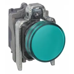 Green LED pilot light from the SCHNEIDER XB4 Series for 22 mm panel mounting. Provides visual status indication on industrial control panels, commonly used in machinery and automation systems to signal power-on or operational conditions. No push-to-test feature included.