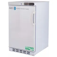 This undercounter lab refrigerator provides a temperature range of 1°C to 10°C for storage of reagents, samples, and media. It features a white swing solid door with left-hand opening, a temperature alarm, and uses R-600a refrigerant. Overall depth is 22 3/4 inches.