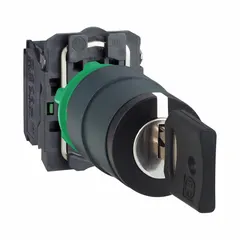 3-position maintained selector switch with key lock, part of the XB5 series. Features 2 normally open contacts and key removal in the center position. Designed for 22 mm panel mounting, suitable for industrial control applications requiring operator authorization.