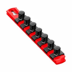 Red plastic socket rail with 7 posts for organizing sockets. Overall width 1 1/8 in. Includes I.D. stickers for labeling. Suitable for use in toolboxes, workshops, and service trucks.