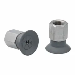 This SCHMALZ vacuum pad assembly is a flat type unit designed for electronics industry applications requiring gentle handling of delicate components. It features an NBR material with 55 A durometer, gray color, 25.2 mm pad height, and 28.2 mm pad diameter. The assembly provides reliable grip and sealing on smooth surfaces.