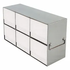 This stainless steel freezer rack is designed for organizing and storing tube boxes in cold storage environments. It measures 18 1/4 inches in overall length and 5 7/8 inches in overall width. The rack includes tube boxes for sample management and is suitable for use in freezers within laboratory and research settings.