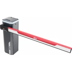 Electric arm-barrier gate operator system for automating swing gates in access-control applications. Operates on 220V to 120VAC with adjustable gate operating speed from 0.7 to 3.9 seconds. Includes a radio receiver. Overall height 40 1/2 inches. Gray finish.