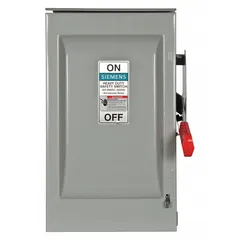 Fusible safety switch rated 30 A, 600V AC, three-phase. Galvanized steel enclosure suitable for indoor and outdoor use. Provides a visible disconnect means for electrical circuits in industrial applications such as motor control and power distribution.