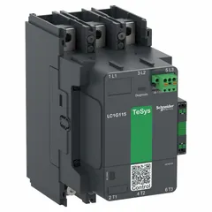 This SCHNEIDER non-reversing IEC contactor is rated for 115 A and features 3 poles with 3 normally open (NO) contacts. It operates with a 120V AC/240V AC coil and uses spring-loaded wire termination for secure connections. Typical applications include switching motors, lighting, and heating loads in industrial automation and HVAC systems.