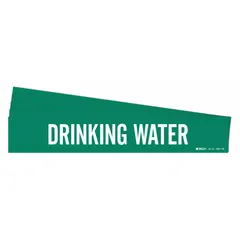 Green adhesive pipe marker with white legend text reading 'Drinking Water'. Designed for pipes with outer diameter of 8 inches and larger. Pack of 5 markers without arrows. Suitable for identifying potable water lines in piping systems.