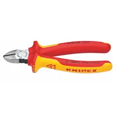 Insulated diagonal-cutting pliers with narrow, straight jaws for cutting soft wire. Overall length 6 1/4 in, jaw length 3/4 in, jaw width 7/8 in. Suitable for electrical work and precision cutting in confined spaces.