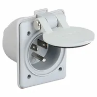 General purpose inlet with NEMA 5-15P configuration. Rated 125V AC, 15A, 2-pole, 3-wire grounding. Gray housing. Used for connecting portable equipment to a power source in industrial and commercial applications