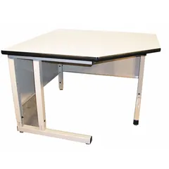 Laminate corner workstation with a fixed-height design, measuring 48 inches by 30 inches. The beige surface supports up to 750 lb overall load capacity. Suitable for assembly, maintenance, and inspection stations in industrial workcells.