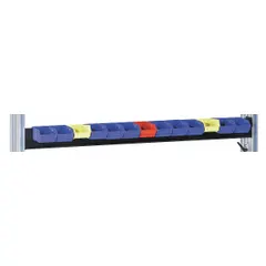 Steel louvered panel and bin rail accessory for workbenches. Black finish. 60 in overall width, 6 in overall height, 1.5 in overall depth. Includes mounting hardware. Used for organizing small parts bins and tools in workshops and assembly areas.