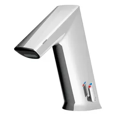 Cast zinc construction with chrome finish. Hardwired with laminar flow. Includes battery backup using four AA alkaline batteries. Suitable for commercial restroom installations requiring touch-free operation.