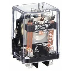 Plug-in relay with square base and flat pins. DPDT contact configuration rated 10 A at 120V AC. 8 quick-connect terminals. Used in industrial control panels for switching loads in automation, HVAC, and machinery control applications.