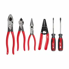 This 6-piece tool-only set includes a wire stripper, slotted screwdriver, and long-nose pliers. Designed for electrical and telecom tasks such as cutting, stripping, and gripping wires. The set contains 10 or fewer pieces and has a 1/4 in SAE size specification.