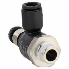 This compact elbow-style flow control valve from LEGRIS features a screw adjustment for meter-out operation. It has a 6 mm valve body size and accepts 6 mm tube. Constructed from technical polymer, it is used to regulate pneumatic actuator speed by controlling exhaust air flow in automated systems.