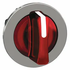 This illuminated selector-switch operator from the SCHNEIDER Series XB4 features a metallic bezel and a three-position action of momentary/maintained/momentary. It is designed for panel-mount applications in industrial control systems, allowing selection of machine modes or functions. No cam is included.