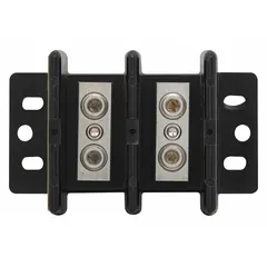 Open-style power distribution block with lug-to-lug connections. Accepts line-side wire sizes from 14 AWG to 2/0 AWG. Aluminum construction for surface mounting in electrical distribution applications.