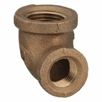 This threaded low-pressure pipe fitting is a 90-degree elbow with female NPT threads on both ends, sized 3/8 in x 1/4 in. It is designed for use in potable water systems and has a maximum operating pressure of 200 psi
