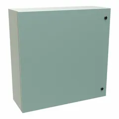 This steel washdown enclosure measures 30 x 30 x 10 inches and is rated NEMA 12, 3R, and 4. It features a solid hinged cover secured with a 1/4-turn latch. Knockouts are not included. Typical applications include protecting electrical controls and components in indoor or outdoor industrial environments where dust, rain, and hose-directed water are present.
