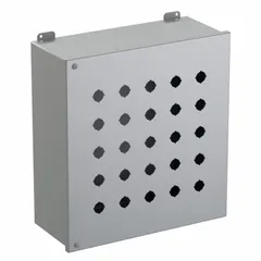 Carbon steel enclosure rated NEMA 12 for indoor protection against dust and water droplets. Accommodates 22mm push button operators with 25 pre-cut holes. Suitable for industrial control panels and machine interfaces requiring operator protection.