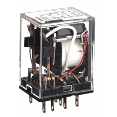 Socket-mounted latching relay with DPDT contacts, rated 3 A at 120V AC. Features a square base with flat pins and 10 quick-connect terminals for plug-in mounting into a G socket. Maintains contact position after coil signal removal, suitable for memory circuits and remote switching in industrial control panels.