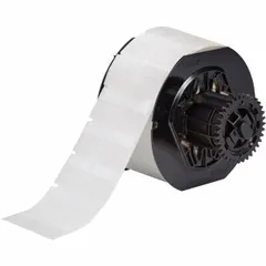White matte vinyl wraparound label for permanent identification of wires from 16 AWG to 8 AWG. Measures 1 in x 1 in and is designed for thermal-transfer printing with the BBP33 printer and B30-R4300 ribbon. Suitable for industrial control panels, electrical installations, and maintenance applications.