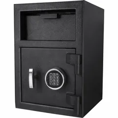 This steel depository safe offers 1.03 cu ft of storage with a digital combination lock and drawer-style deposit slot. Tamper-resistant construction deters unauthorized access. Suitable for secure drop-off of cash or documents in commercial settings.