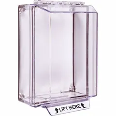 Clear polycarbonate wall-fixture guard for indoor pull stations. Features 'LIFT HERE' legend, IP56 water resistance, and surface-mount installation. Includes mounting hardware; overall depth 3 5/16 in. Helps protect device against vandalism and accidental damage.
