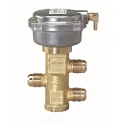 This 3-way mixing valve from Siemens features a 1/2 in SAE Flare port configuration and includes an actuator. The valve action is normally closed, supporting both normally closed and normally open operation. It is used in HVAC and fluid control systems for blending or diverting flow.