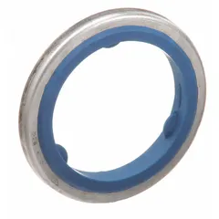 Rubber sealing washer with stainless steel insert for 3/8-inch conduit. Provides liquid-tight seal when used with compatible fittings and connectors in electrical installations. Blue color.