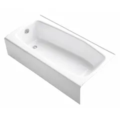 This alcove bathtub from the Villager series features an integral apron for simplified installation. With overall dimensions of 60 in length, 30 in width, and 14 in height, it is suited for standard alcove openings. The left drain location accommodates specific plumbing layouts in residential bathrooms.