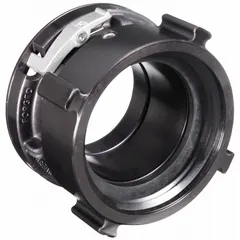 This aluminum swivel adapter connects NH (National Hose) threads to Storz couplings on fire hydrants and standpipes. It has a 4 in x 4 in fitting size and a straight configuration. Used in fire suppression systems for quick hose connections.