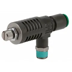 Tee-style exhaust control valve with screw-type meter-out adjustment. Valve body size 1/8 in, accepts 1/4 in tube. Used in pneumatic circuits to regulate actuator speed by controlling exhaust flow.