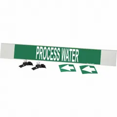Green fiberglass carrier-mounted pipe marker with white legend 'Process Water' and directional arrows. Fits pipe outer diameters of 8 inches and larger. Supplied as a single marker for identifying process water lines in industrial piping systems.